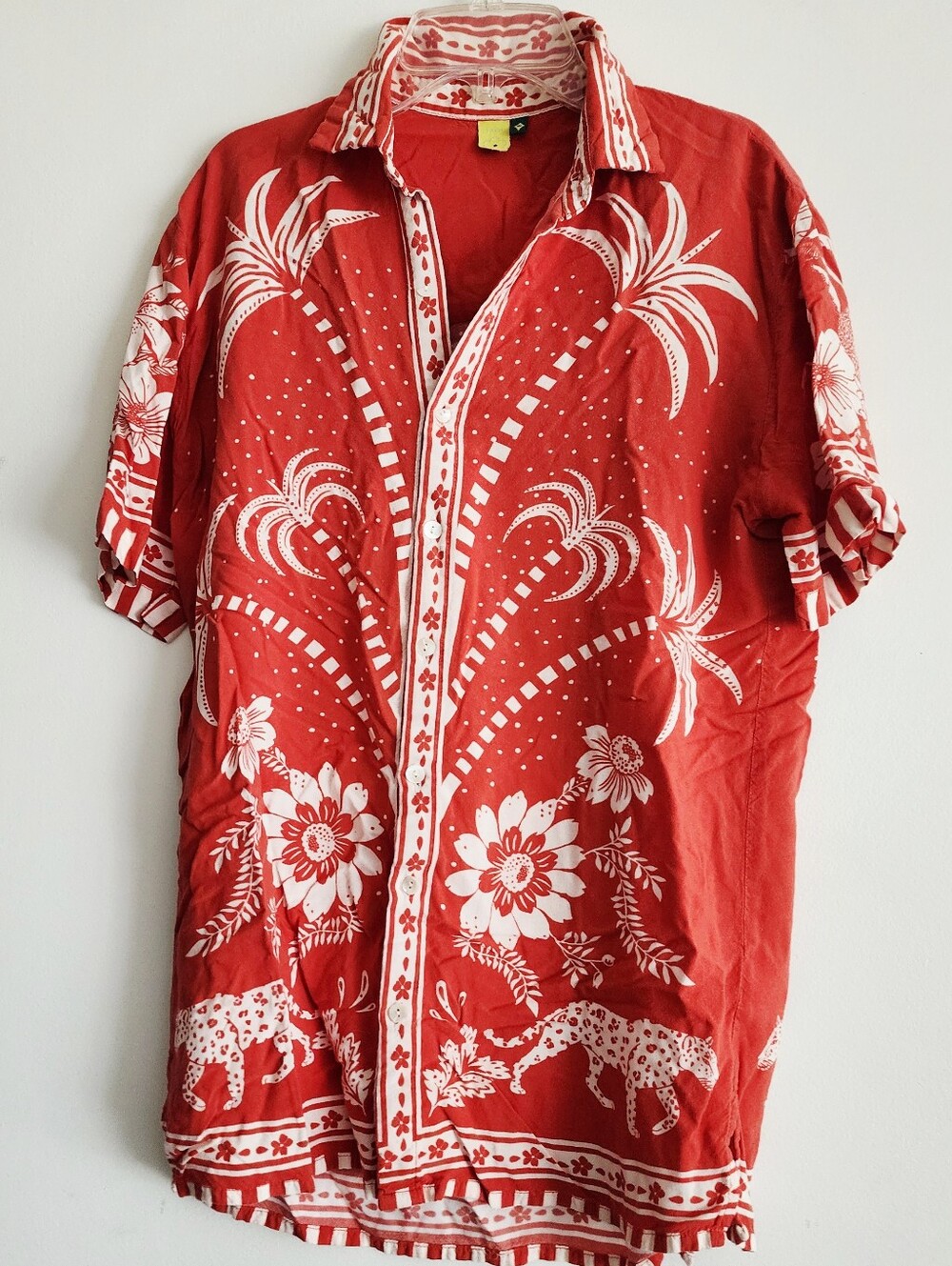 FARM Rio | Red Tropical Palm Tree & Leopard Button Down Shirt | XS